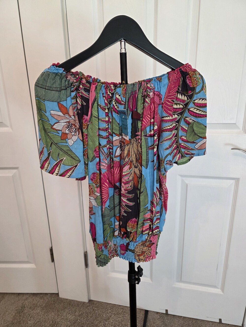 RACHEL Rachel Roy Blue and Pink Floral Off-Shoulder Peasant Top